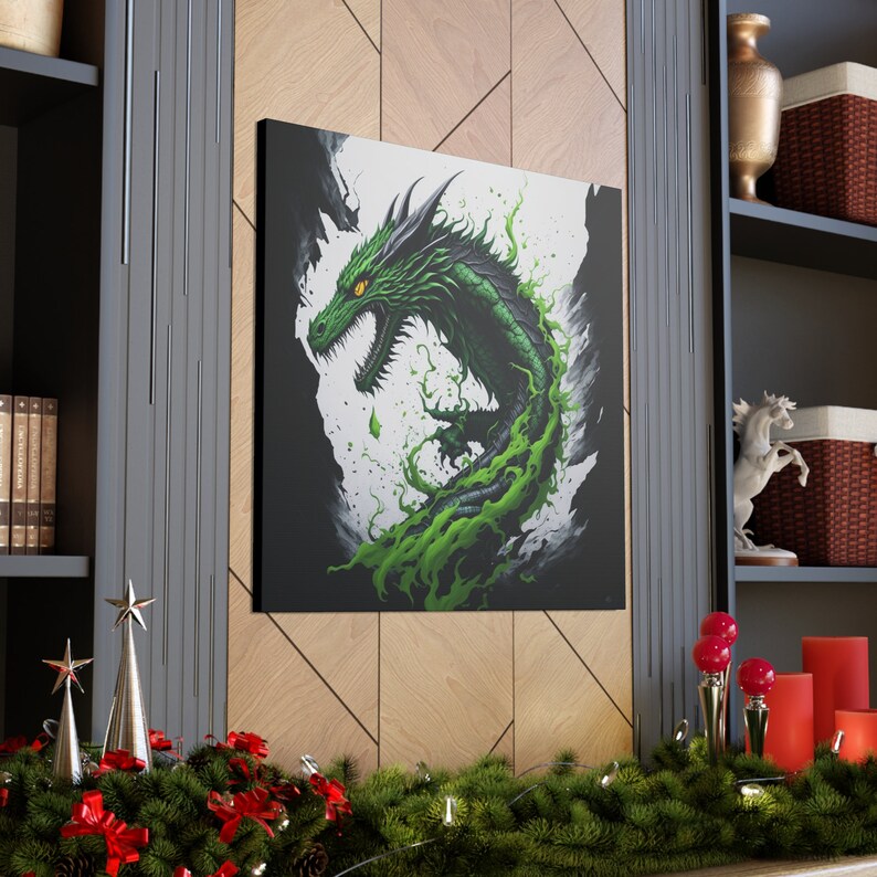 Splash Art Dragon Canvas Wrap, Dragon Wall Decor, Green Dragon Wall Art