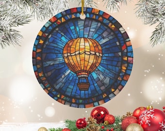 Christmas Ceramic Ornament, Hot Air Balloon Ornament, Stained Glass Hot Air Balloon Christmas Ornament, Christmas Tree Ornament