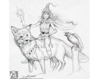 May include: A black and white pencil drawing of a woman riding a wolf. She is wearing a helmet and holding a staff with a unicorn head on top. A raven is perched on a post behind her.