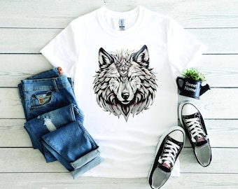 Wolf Head Graphic T-shirt: Black and White Wolf Lover Tee