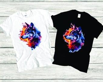 Colorful Wolf Flames Graphic T-Shirt - Wolf Lover Gift