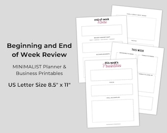 Revisión de inicio y fin de semana - Planificador MINIMALISTA e imprimibles comerciales - 4pgs