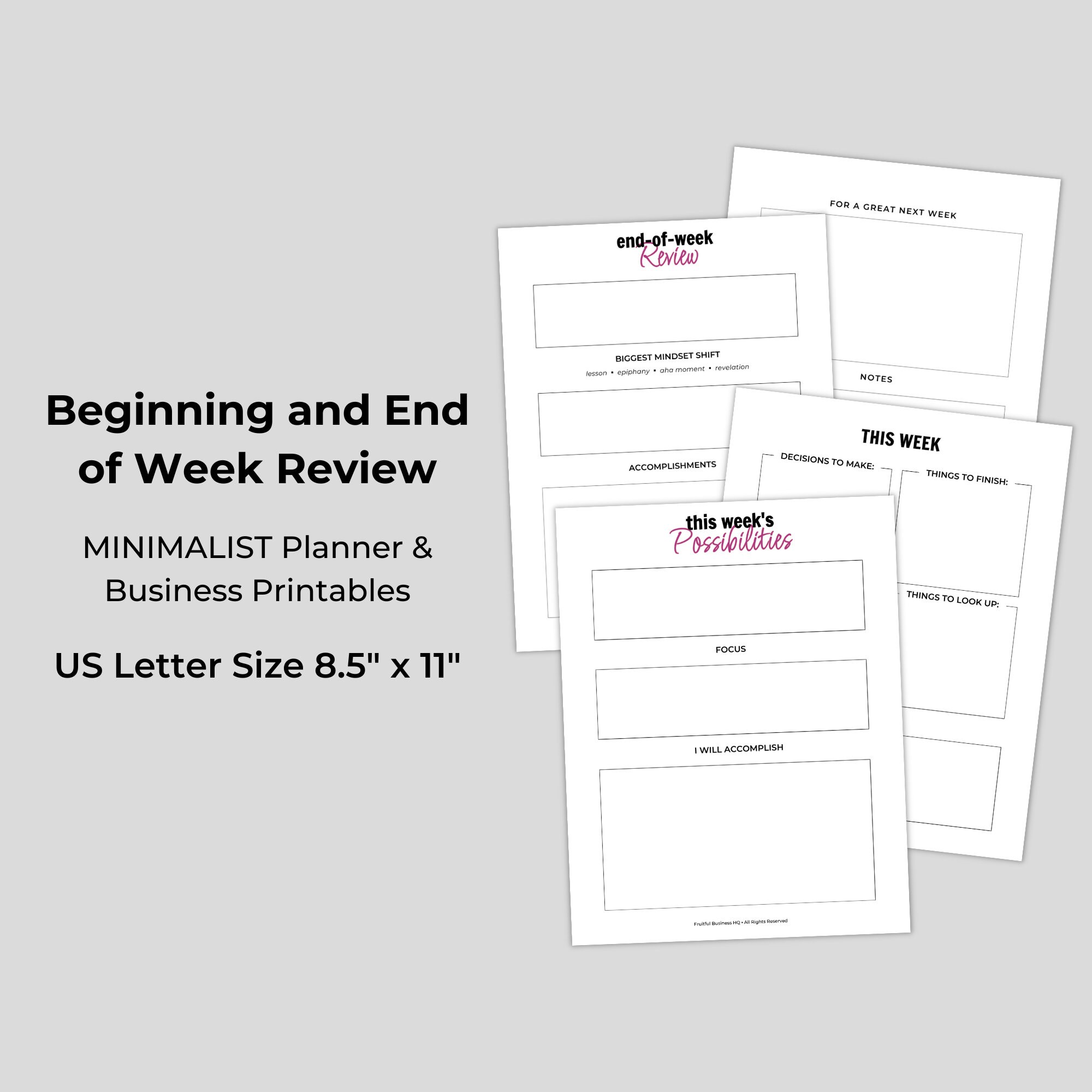 Beginning and End of Week Review - MINIMALIST Planner & Business Printables - 4pgs
