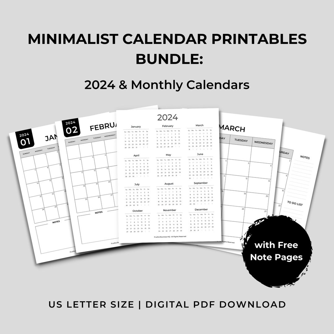 MINIMALIST Calendar Printables Bundle: 2024 & Monthly Calendars With