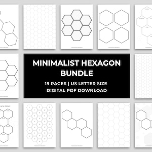 May include: A collection of 12 white US Letter size pages with minimalist hexagon designs. The pages feature various geometric patterns and arrangements of black hexagon shapes. The bundle includes 19 pages and is available as a digital PDF download.