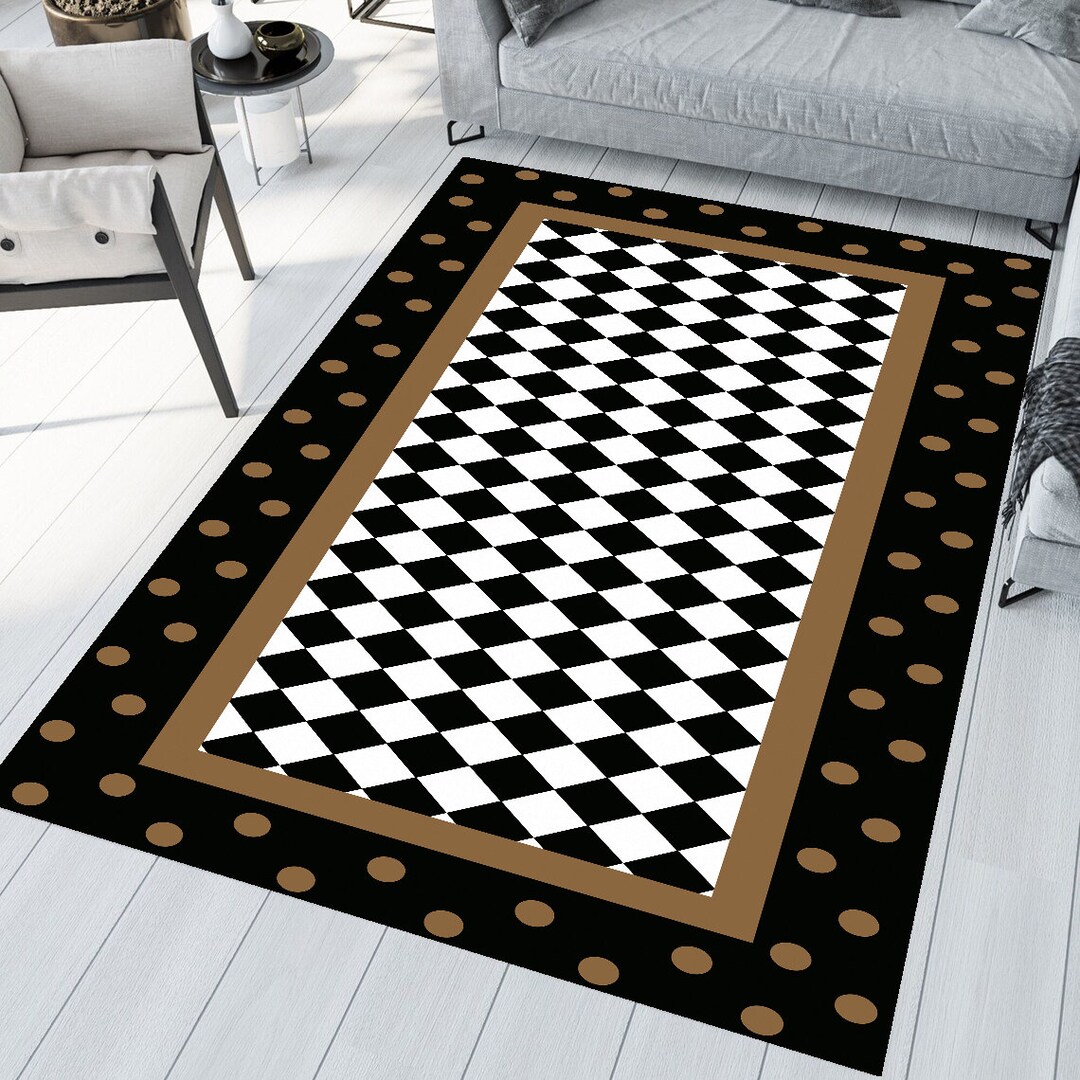 Checkered Rug, Black Border on Check Pattern Nonslip Area Rug, Black