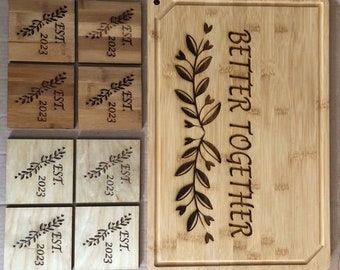 Personalized, Custom laser engraved, 18”x12” Bamboo Cutting board with 8 4”x4” Bamboo coasters.