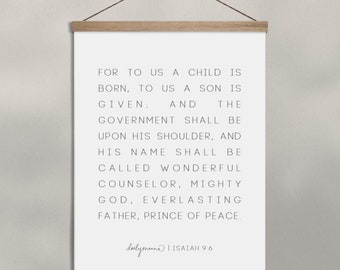 Isaiah 9:6 Christmas - Unto us a child is born | Handwritten Font Poster with Hanging Frame | Bible Verse Wall Art | Christian Christmas