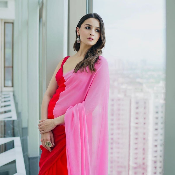 Red Exclusive Alia Bhatt Premium Georgette Ready To Saree, Saree For USA Women, Georgette Saree, Red Saree, Wedding Wear Saree, Latest Saree