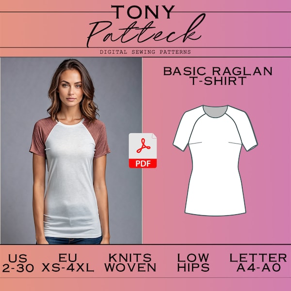 Raglan Basic T-Shirt Sewing Pattern, Digital PDF Pattern, Summer Blouse Pattern, Short Sleeve T-Shirt Pattern, US 2-30 Plus Size Patterns