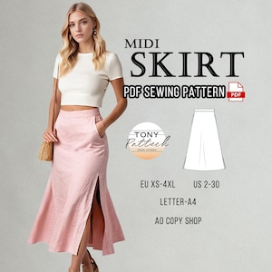 May include: A pale pink midi skirt with a side split, paired with a white crop top. The image includes text that reads "MIDI SKIRT PDF SEWING PATTERN" and sizing information in EU XS-4XL.