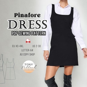 May include: A black pinafore dress with a square neckline, worn over a white collared shirt. The image includes the text "Pinafore DRESS PDF SEWING PATTERN" and size details. A PDF sewing pattern is also shown.