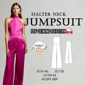 May include: A magenta halter neck jumpsuit. The image includes a woman wearing the jumpsuit, along with a line drawing of the garment and the text "HALTER NECK JUMPSUIT PDF SEWING PATTERN". The pattern is available in sizes EU XS-4XL and US 2-30.