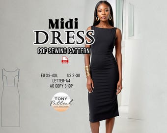 May include: A black midi dress with a boat neckline and a knee-length hemline. The image includes the text "Midi DRESS PDF SEWING PATTERN" and sizing information in US sizes 2-30 and EU sizes XS-4XL. The dress is form-fitting and has a ruched detail on the side.