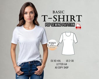 Scoop Neck Basic T-Shirt Sewing Pattern, Digital PDF Pattern, Summer Blouse Pattern, Short Sleeve T-Shirt Pattern, US 2-30 Plus Size Pattern