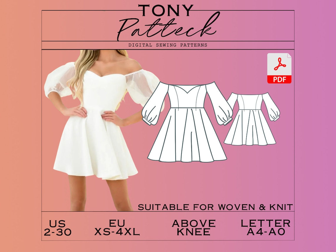 Mini Dress Sewing Pattern, Digital PDF Pattern, Graduation Prom Dress Pattern, off Shoulder