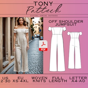 May include: An off-shoulder jumpsuit pattern with a model wearing the garment. The pattern includes a PDF download icon and text that reads "OFF SHOULDER JUMPSUIT". The pattern is available in US sizes 2-30 and EU sizes XS-4XL.
