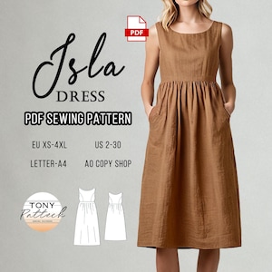 Puede incluir: Imagen de un vestido marrón sin mangas con bolsillos. La imagen presenta un patrón de costura PDF para el "Vestido Isla". El patrón incluye tallas EU XS-4XL y US 2-30. También se muestra el logotipo del patrón y el texto "PDF SEWING PATTERN".