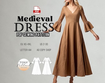 Naaipatroon middeleeuwse jurk: vintage stijl grote maten (pdf-patroon)