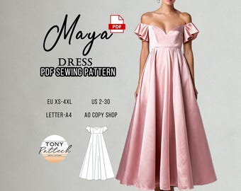 May include: A pink off-the-shoulder dress with a full skirt. The image includes the text "Maya Dress PDF Sewing Pattern" and size information for EU and US sizes. A line drawing of the dress is also shown.