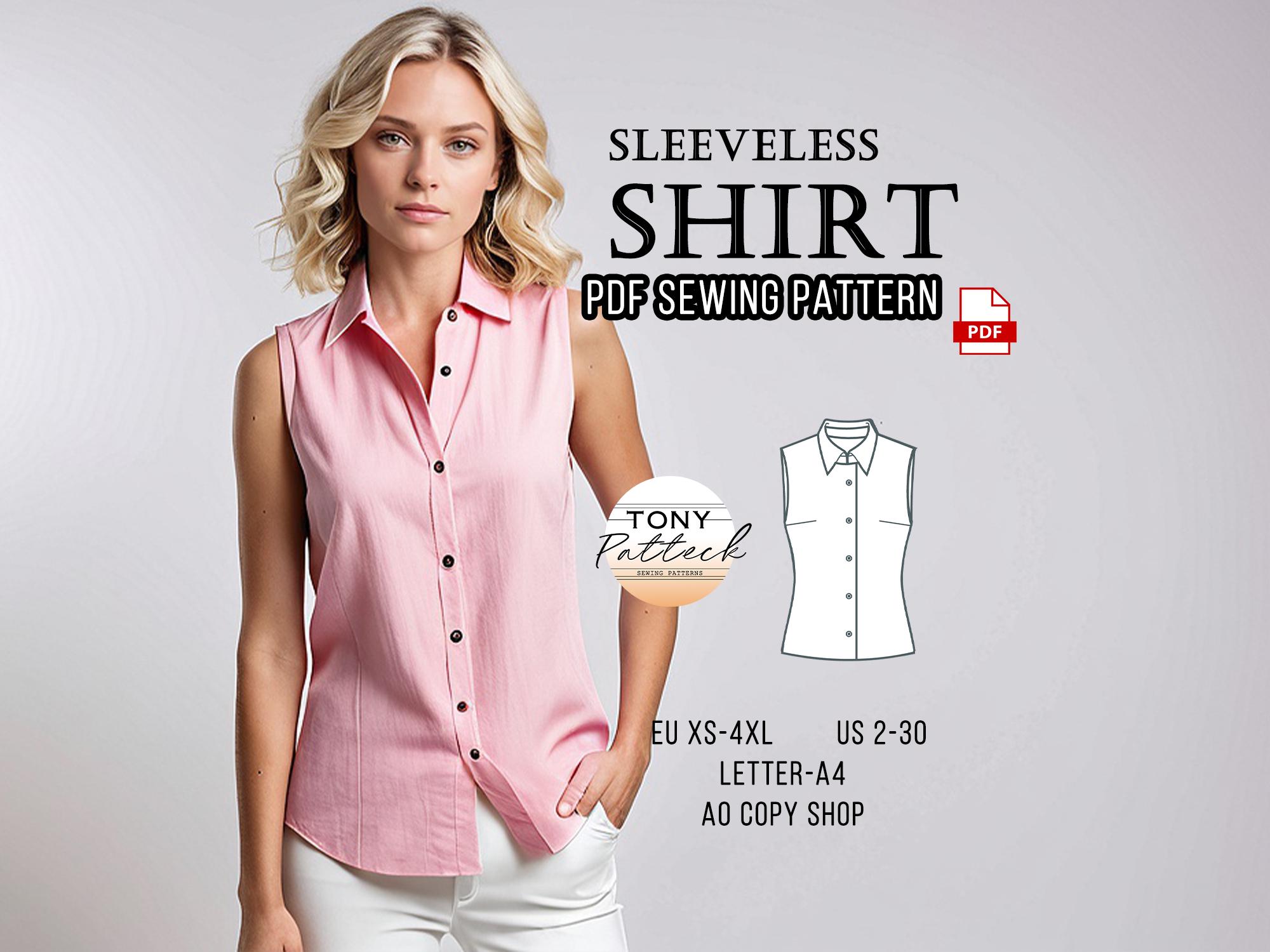 Summer Shirt Sewing Pattern, Digital PDF Pattern, Summer Blouse Pattern, Sleeveless Shirt Pattern, US 2-30 Plus Size Patterns