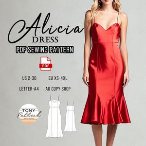 Alicia Dress Sewing Pattern, Trumpet Dress Pattern, Evening Dress Pattern, Midi Patterns, US 2-30 Plus Size Patterns, Eu Xs-4xl