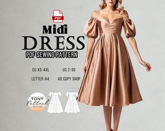 Patrón de costura para vestido midi con hombros descubiertos, tallas estadounidenses 2-30, europeas XS-4XL (patrón en PDF)