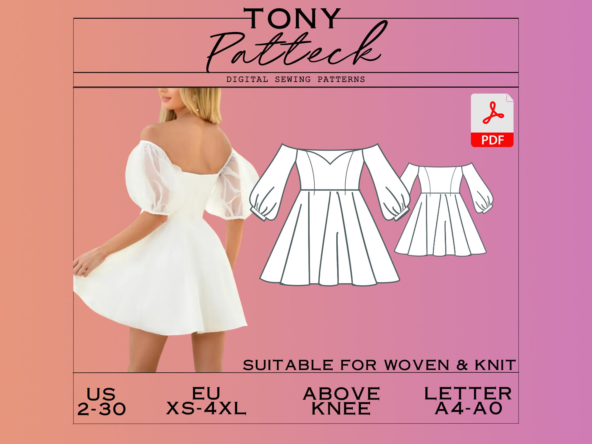 Mini Dress Sewing Pattern, Digital PDF Pattern, Graduation Prom Dress