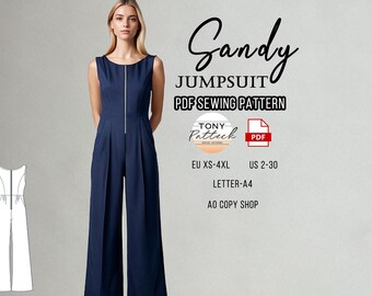 Boat Neck Jumpsuit Sewing Pattern: Linen Pantsuit, US 2-30 (PDF Pattern)