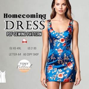 Peut inclure: Patron de couture PDF pour une robe de bal de fin d'année sans manches. La robe est bleue avec un imprimé floral et un décolleté arrondi. Le patron est disponible dans les tailles XS-4XL (FR 34-52).