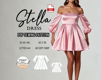 Stella Off Shoulder Mini Dress Sewing Pattern: US 2-30 (PDF Pattern)