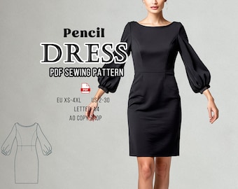 May include: A black pencil dress with long sleeves and a boat neckline. The image includes the text "Pencil Dress PDF Sewing Pattern" and size information in US and EU sizes. A line drawing of the dress is also shown.