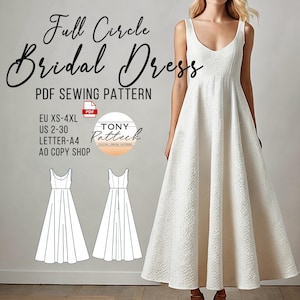 May include: A PDF sewing pattern for a full circle bridal dress. The pattern includes sizes XS-4XL, US sizes 2-30, and is available in Letter and A0 sizes. The pattern is for a sleeveless dress with a scoop neckline.