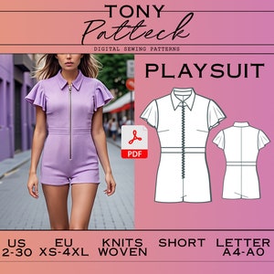 Playsuit Sewing Pattern, Jumpsuit PDF Pattern, Short Pantsuit Pattern, US 2-30 Plus Size Pattern, Xs-4xl, Women Sewing Patterns