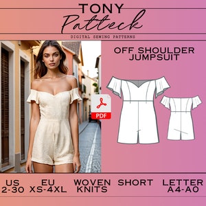 May include: An off-shoulder jumpsuit sewing pattern by Tony Patteck. The image shows a woman wearing a cream-colored jumpsuit and a line drawing of the pattern. The text includes "OFF SHOULDER JUMPSUIT", "US 2-30", and "EU XS-4XL".