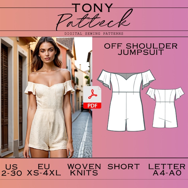 Off Shoulder Jumpsuit Sewing Pattern, Playsuit PDF Pattern, Short Pantsuit Pattern, US 2-30 Plus Size Pattern, Xs-4xl, Women Sewing Patterns