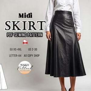 Puede incluir: Un patrón de costura digital para una falda midi. El patrón está disponible en tallas XS-4XL (ES 34-52) y se puede imprimir en papel A4 o A0. El patrón es para una falda de cuero negra.