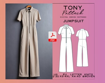 Raglan Ärmel Jumpsuit Schnittmuster: Plus Size (US 2-30) (Digital PDF)