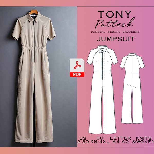 Raglan Sleeve Jumpsuit Sewing Pattern: Plus Size (US 2-30) (Digital PDF)