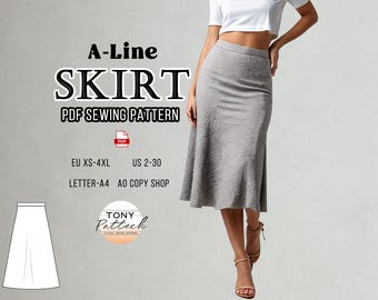 May include: A-Line skirt PDF sewing pattern. The image shows a gray skirt with a textured fabric. The text on the image includes "A-Line SKIRT PDF SEWING PATTERN" and size information: EU XS-4XL, US 2-30.