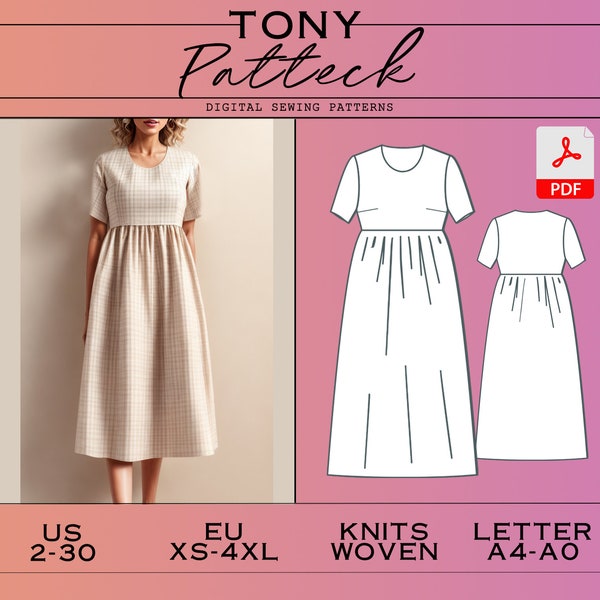 Smock Dress Sewing Pattern, Digital PDF Pattern, Sew At Home, Basic Dress Patterns, Women Sewing Patterns, US 2-30 Plus Size Patterns