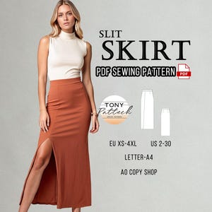 Peut inclure: Un patron de couture PDF pour une jupe fendue. Le patron comprend les tailles XS-4XL (FR 34-52) et est imprimé sur du papier A4. Le patron est disponible en téléchargement sur le site Web de Tony Patteck.