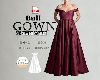 May include: A burgundy ball gown with an off-the-shoulder neckline and a full skirt. The image includes the text "Ball Gown PDF Sewing Pattern" and size details. A line drawing of the gown is also shown. The pattern is available in EU and US sizes.