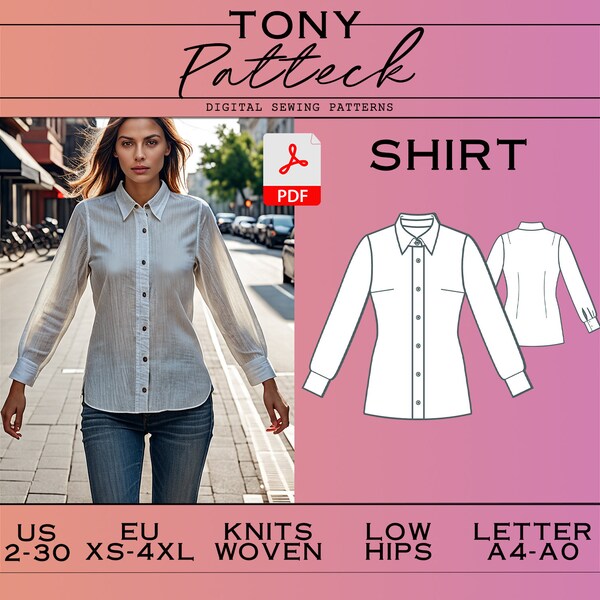 Classic Shirt Sewing Pattern, Digital PDF Pattern,Fitted Shirt Pattern, US 2-30 Plus Size Patterns, Long Sleeve Woman Shirt Pattern