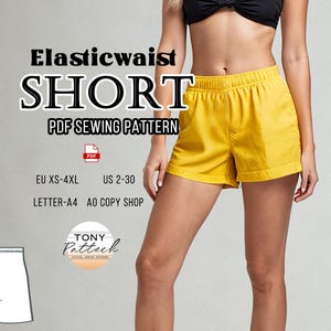 Może przedstawiać: Żółte szorty z elastyczną talią. Obraz zawiera tekst "Elasticwaist SHORT PDF SEWING PATTERN" oraz informacje o rozmiarze. Szorty są w jaskrawożółtym kolorze i wydają się być wykonane z gładkiej tkaniny. Szorty są noszone przez osobę.