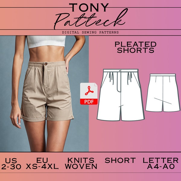 Pleated Shorts Sewing Pattern, Short Pants Digital PDF Pattern, US 2-30, EU Xs-4Xl Plus Size Patterns, Trousers Women Sewing Pattern