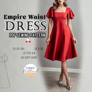 Dress Sewing Pattern, Digital PDF Pattern, Sew At Home, Bridesmaid Dress Pattern, Square Neck Dress Pattern, US 2-30 Plus Size Patterns