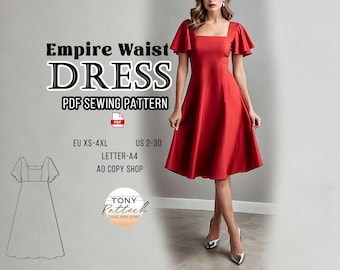 Square Neck Dress Sewing Pattern, US 2-30 (PDF Pattern)