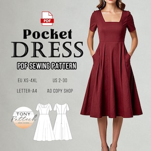 Midi Pocket Dress Sewing Pattern: Vintage Style, US 2-30 (PDF Pattern)