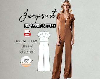 Deep V Neck Jumpsuit Sewing Pattern: Raglan Pantsuit (Digital PDF)